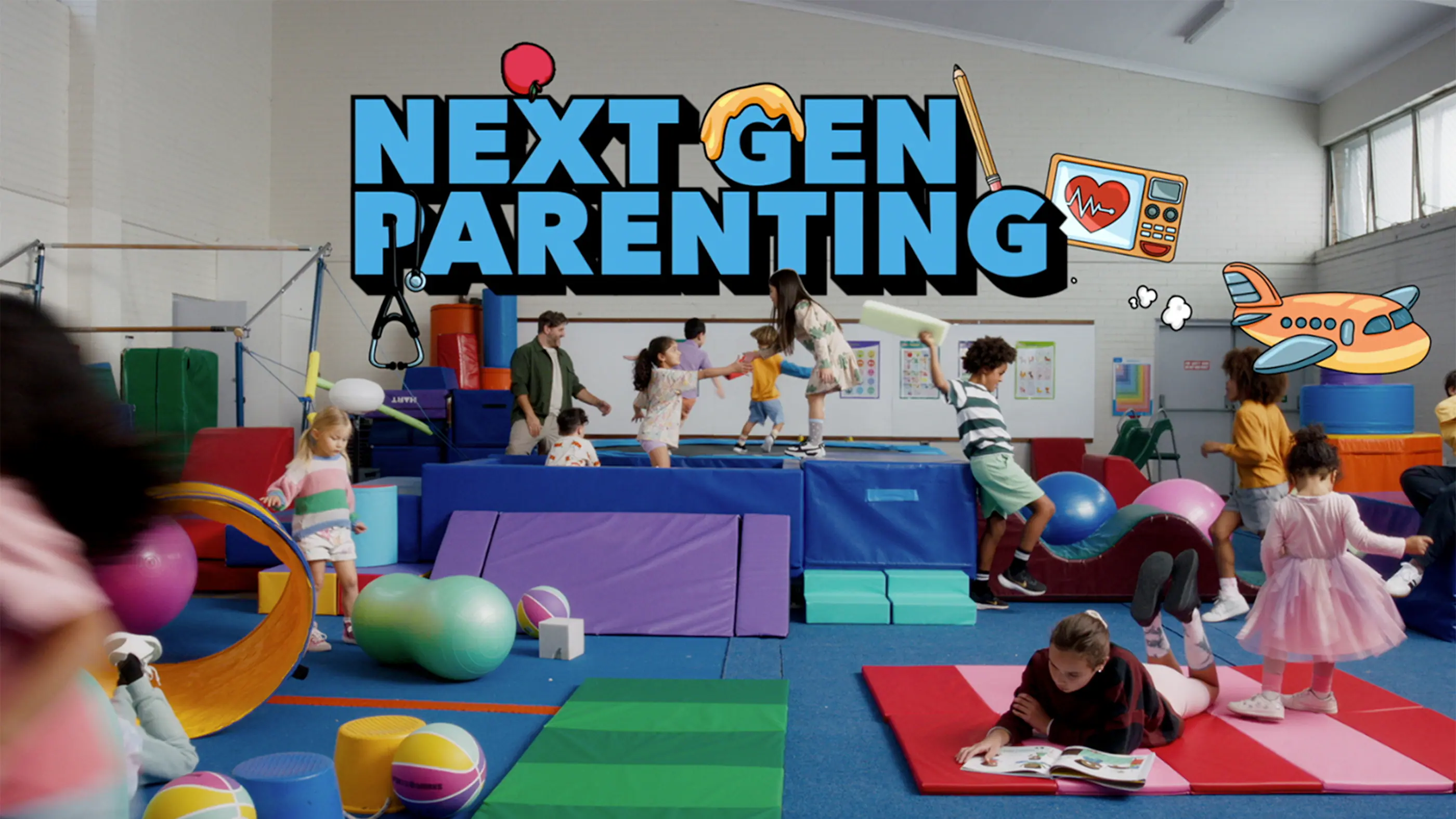 'Next Gen Parenting' displayed prominently. The indoor playground is filled with colourful equipment, vibrant balls, a ball pit, trampoline and tunnels. Children are running, are exploring and playing.